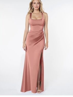 Satin Rose Maxi Dress with Square Neck & Thigh Slit
